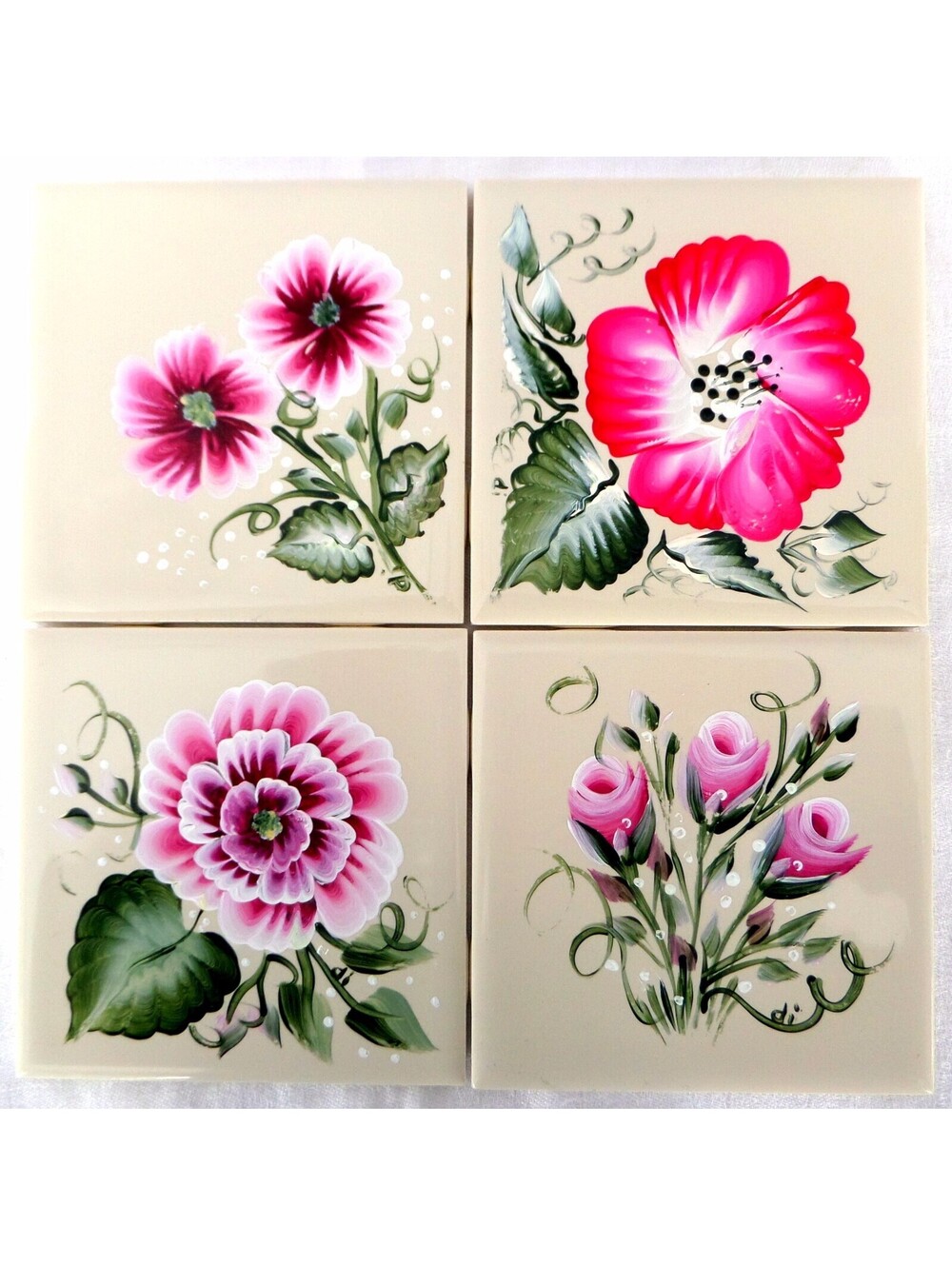 Pink Floral Hand Painted Square Tile Coasters Set of 4 Signed Josies Joys Canada